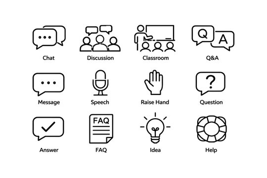 Communication and learning icons set: chat, classroom, q&a, message, help, ideas