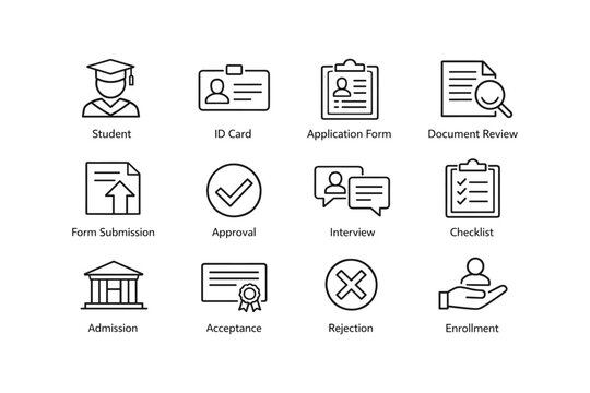 Academic and administrative icons for student and admission processes