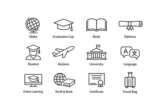 Educational icons featuring globe, graduation cap, book, diploma, and more