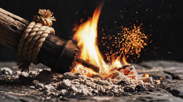 Primitive wooden torch igniting on ashes, close-up of survival fire starting process in dark setting