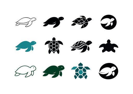 Turtle Logo Variations. Turtle. Icon set. Set Logo of Turtle: sea turtle swimming calmly. harmonious logo variations of the same emblematic concept, each with