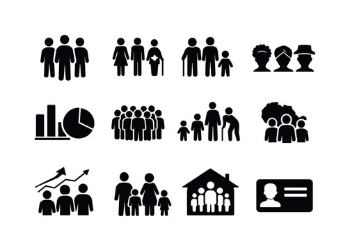Diverse Population Icons. Population Groups. Solid icon set of Population Groups: people icon set, gender diversity, age groups, ethnic mix, demographic chart,