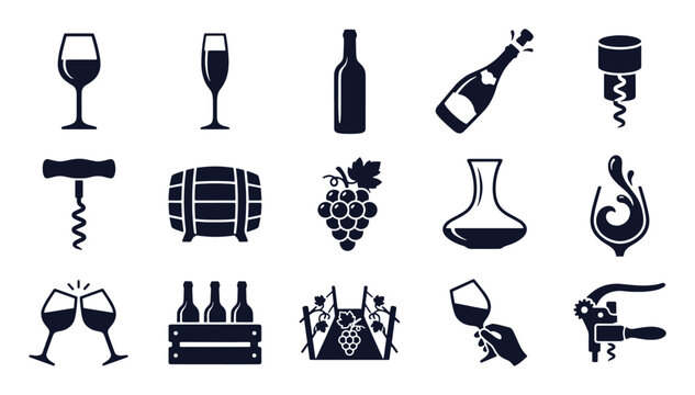 Wine and champagne icon set. Glyph black silhouettes - bottle, cork, corkscrew, grapes, barrel, decanter, toast, vineyard, crate, sommelier taste. Flat vector pictograms