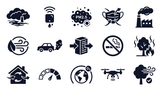 Air pollution and quality icon set. Glyph black silhouettes - factory emission, mask, no smoking, wildfire, ozone, exhaust car. Flat vector pictograms