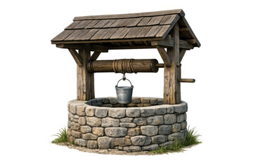 Naklejka premium Wishing well with stone wall and wooden roof structure, having a bucket and rope windlass, transparent background