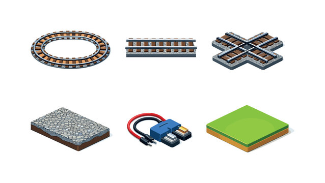 Colorful Railway Layout Icons. Railway Layout. Isometric flat vector icons set of Railway Layout: oval track layout, straight track section, crossing track