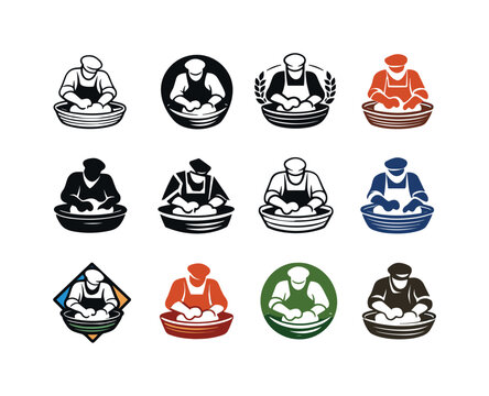 Baker Logo Variations. A baker kneading dough by hand on a flour-covered surface. Icon set. Set Logo of a baker kneading dough by hand on a flour-covered