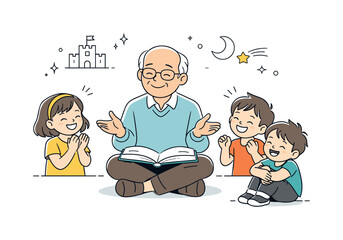 Joyful Storytime Moment. Grandparent telling stories joyful ending. Children smiling or reacting happily as the story concludes, grandparent relaxed and