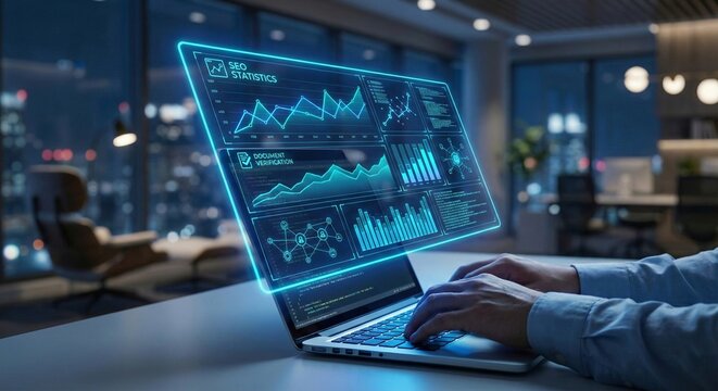 Futuristic SEO Statistics and Digital Marketing Analytics Hologram on Laptop