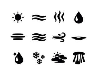 Naklejka premium Atmospheric Icon Set. Atmospheric conditions. Solid icon set of Atmospheric conditions: clear air, light fog, mist rise, humidity droplet, haze icon, warm air