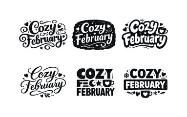 Obraz premium Harmonious Lettering Grid. Cozy February vibes. Set lettering. harmonious lettering variations of the same emblematic concept, each with different artistic