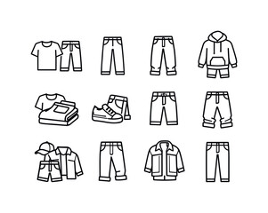 Casual Denim Icons. Casual Denim Outfit. Line icon set of Casual Denim Outfit: jeans and t shirt combo, casual street jeans, relaxed fit denim, everyday jeans