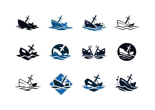 Sunken Ship Logos. sunken ships. Icon set. Set Logo of sunken ships: broken mast. harmonious logo variations of the same emblematic concept, each