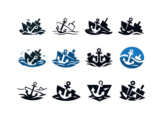 Obraz premium Sunken Ship Icons. sunken ships. Icon set. Set Logo of sunken ships: anchor lodged in sand. harmonious logo variations of the same emblematic concept, each
