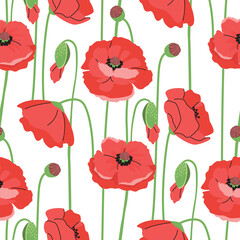 Obraz premium Blooming poppies seamless pattern. Wild flowers red color with green stems on white background. Botanical print on fabric and paper. Vector design for textile, endless wallpaper, cover. Spring season.
