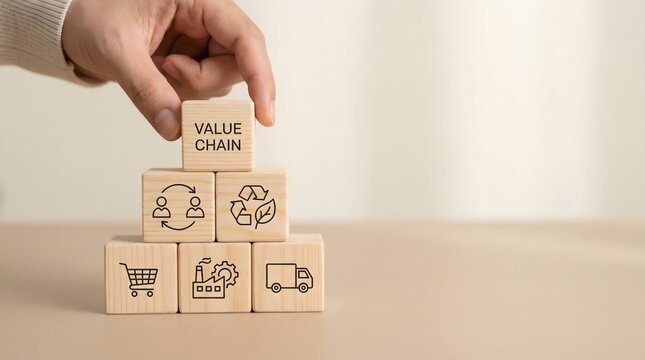 Business strategy and value chain concept with wooden blocks