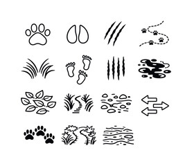 Obraz premium Animal Track Icons. Animal tracks and paths in forests and jungles. Line icon set of Animal tracks and paths in forests and jungles: paw print, hoof print,