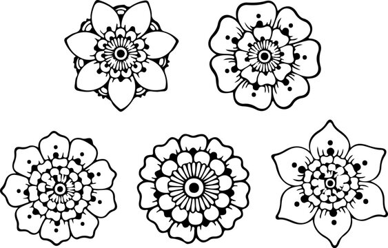 Black and White Mandala Floral Illustration Set Featuring Hand Drawn Ornamental Flowers, Intricate Line Work, and Symmetrical Artistic Design