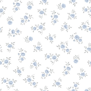 Floral pattern with flowers small rose and leaves botanical of pastels color blue and grey vector seamless millefleurs illustration