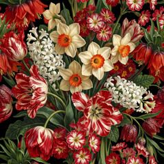 Seamless vector pattern with colorful spring garden flowers isolated on a changeable background. Vintage painting style illustration. © Anna