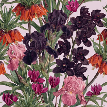 eamless vector pattern with colorful exotic flowers isolated on a changeable background. Vintage painting style illustration