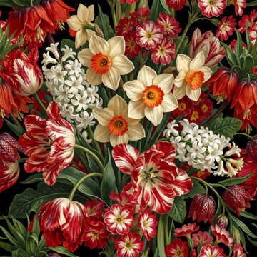 Seamless vector pattern with colorful spring garden flowers isolated on a changeable background. Vintage painting style illustration.