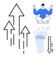 Fototapeta premium Carbon footprint, sustainability, personal growth, mindfulness, climate action, environmental awareness. Footprint, CO2 arrows and meditating person. Sustainability environmental awareness symbols