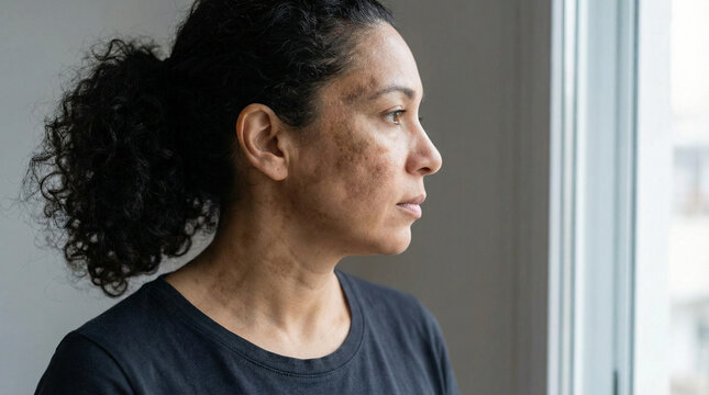 Side view of woman with dark pigmentation spots on face and neck, skin condition
