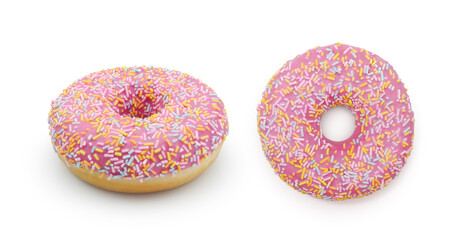 Pink glazed donut or doughnut with multicolored sugar sprinkles isolated on white background side and top view