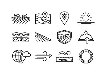 Obraz premium Wine Region Icons. Wine regions. Line icon set of Wine regions: vineyard hills, terroir map, grape variety marker, sun exposure icon, soil layers, vineyard