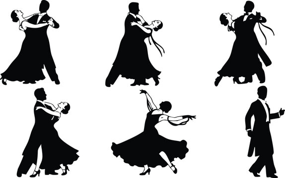 Silhouette vector dancers performing ballroom and tango dances with flowing dresses and elegant poses in black and white isolated minimalist style illustration