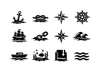 Obraz premium Nautical Icons Grid. Anchor in sand nautical. Solid icon set of Anchor in sand nautical: classic anchor, rope knot, compass rose, helm wheel, sailing ship,