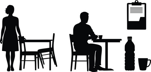 Fototapeta premium Silhouette of woman standing by chair and man sitting at table drinking from cup with bottle clipboard and cup vector art illustration in black and white