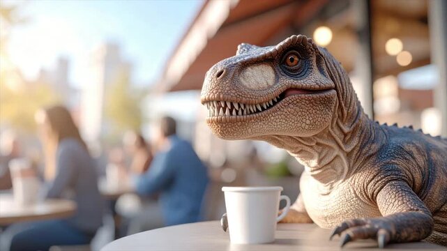 A detailed image of a dinosaur at an outdoor cafe with people blurred in background