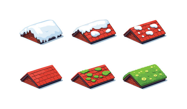 Isometric Roof Evolution. RoofTransition. Isometric flat vector icons set of roof transition: snow-covered house roof, partially melted snowy roof, wet roof