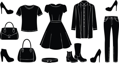 Fototapeta premium Black silhouette vector art showing various clothing items including high heels boots dress jeans t shirt handbags belt and jacket in simple isolated style on white background
