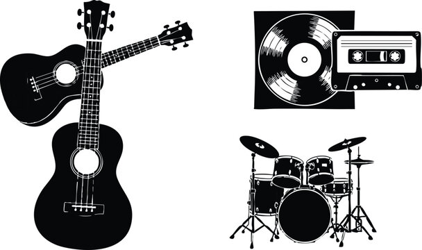 Black silhouette vector art of acoustic ukulele instruments drum kit vinyl record and cassette tape music equipment collection in minimal style