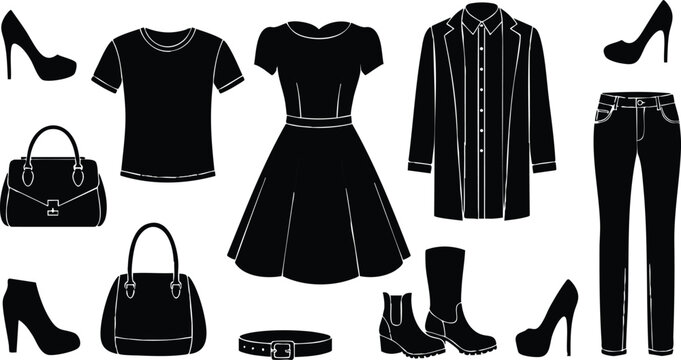 Black silhouette vector art showing various clothing items including high heels boots dress jeans t shirt handbags belt and jacket in simple isolated style on white background
