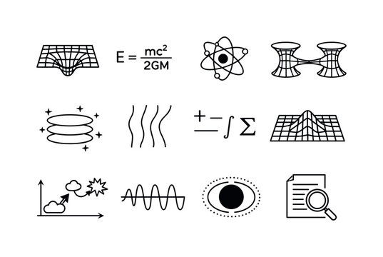Astrophysics Icon Set. Theoretical Astrophysics. Line icon set of Theoretical Astrophysics: spacetime curve, black hole equation, quantum particle, wormhole