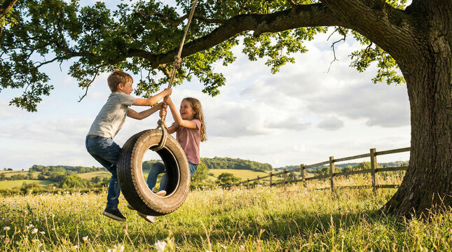 Two children playing on a tire swing hanging from a tree in meadow  