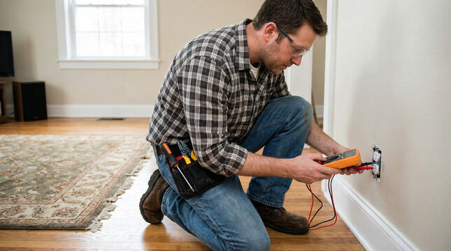 Man fixing outlet and testing voltage with multimeter indoors  