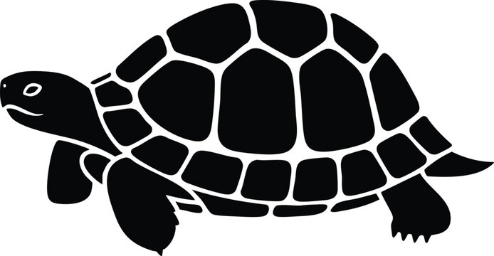 Black silhouette turtle walking side view animal reptile slow crawling detailed shell minimalistic vector art design