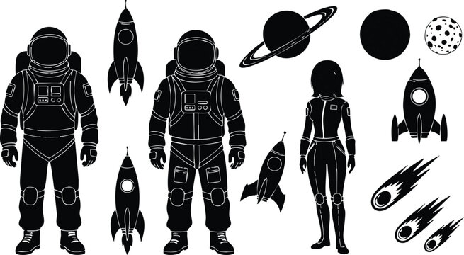 Black silhouette vector art showing male and female astronauts standing with rockets planets comets and moon elements in outer space theme design style