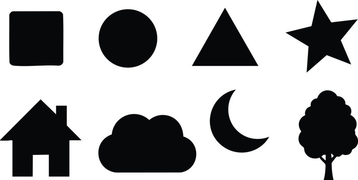 Minimalist black shapes including rounded square circle triangle star house cloud moon and tree icons in vector silhouette style isolated on white background