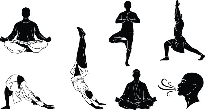 Minimalist vector silhouettes of yoga poses showing meditation pranayama and balance in frontal and side angles with calm breathing gestures in monochrome lotus warrior downward dog