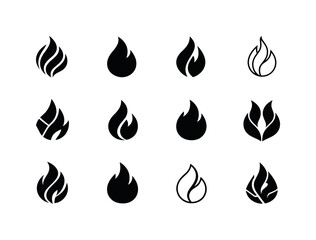 Black Flame Icons. Black. Icon set. Set Logo of black: black flame minimal symbol. harmonious logo variations of the same emblematic concept, each with
