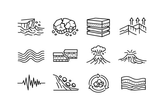 Geological Icons Grid. Geological Processes. Line icon set of Geological Processes: erosion symbol, weathering rock, sediment layers, uplift arrows, folding