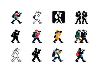 Street Fashion Icon Set. A street fashion photographer capturing unique outfits of people on the go. Icon set. Set Logo of street fashion