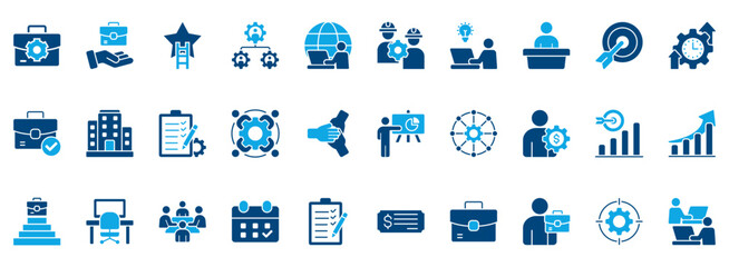 Obraz premium Work Icon Set. Contains Icons That Are Relevant For Business. Designed In Vector Dual Tone Style