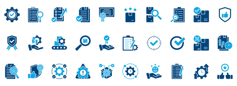 Quality Control Icon Set. Contains Icons That Are Relevant For Business. Designed In Vector Dual Tone Style